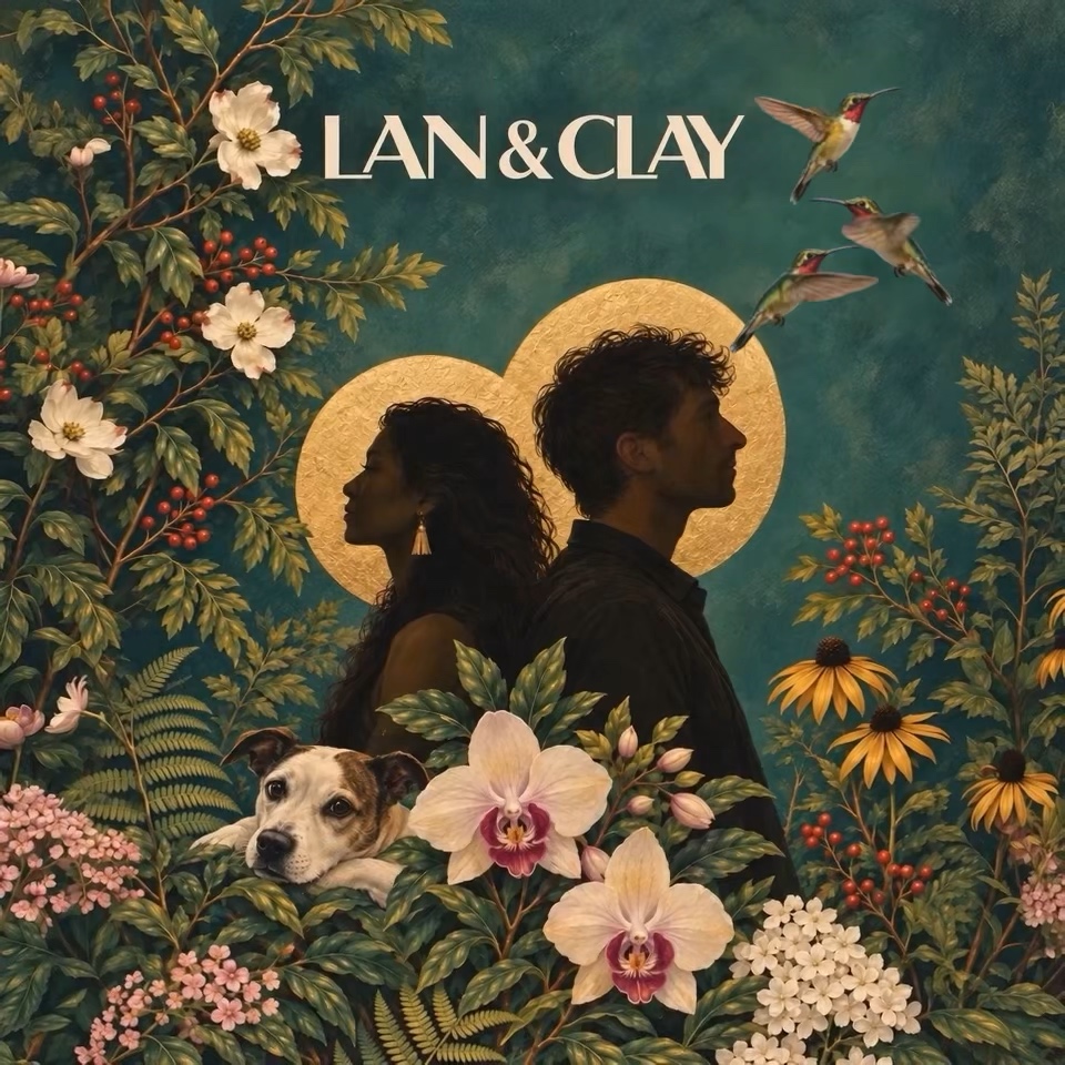 Lan and Clay surrounded by flowering botanicals, hummingbirds and their dog